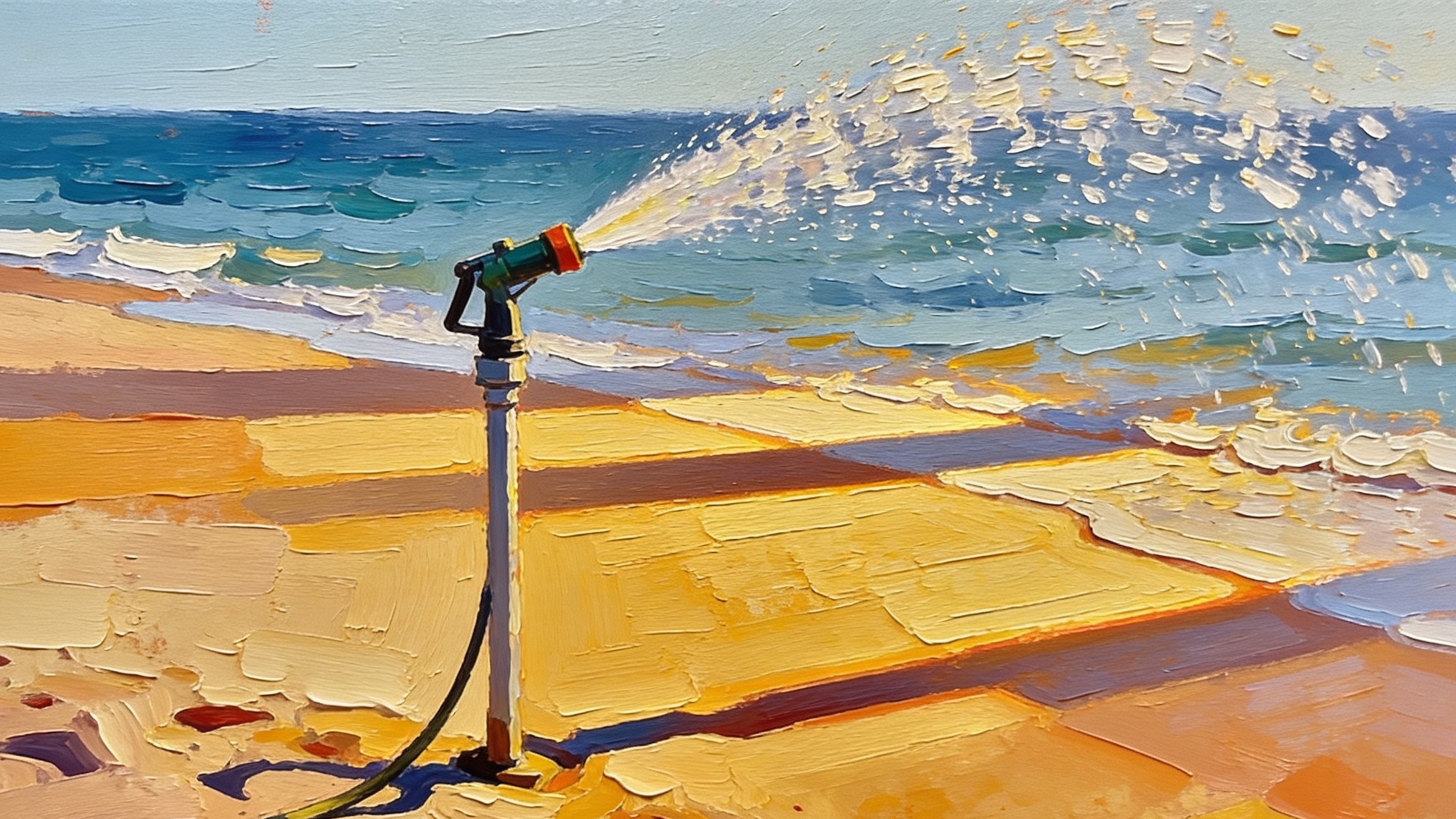 An oil painting of a garden hose nozzle on a metal post, spraying water over a sandy beach towards the sea.