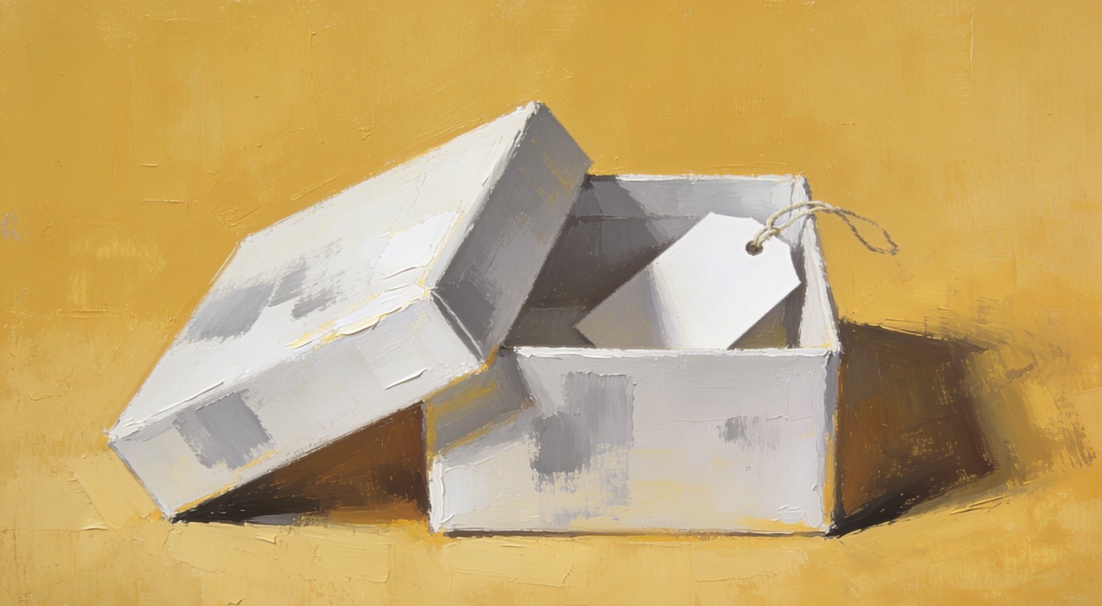 An oil painting of a white gift box on a mustard ground, its lid tipped off to one side and a blank tag on a string tucked inside.