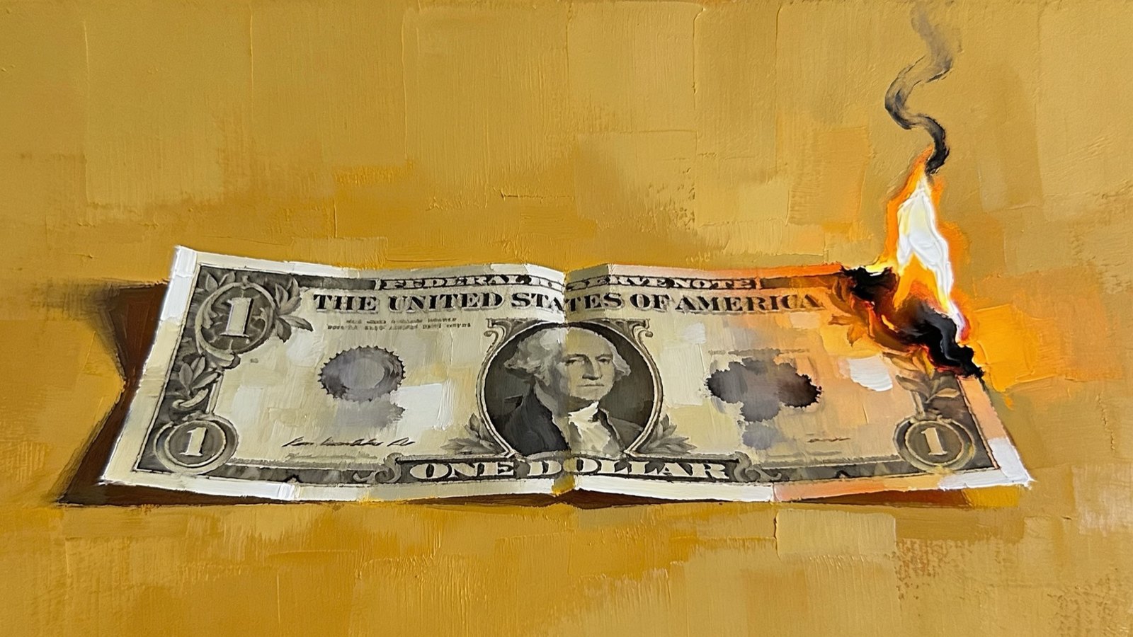 An oil painting of a one dollar bill burning at one corner on a mustard ground.